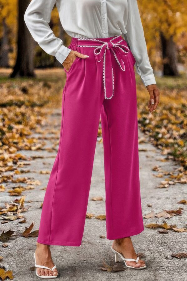 High-Waist Straight-Leg Pants with Lace Tie – Plus Size