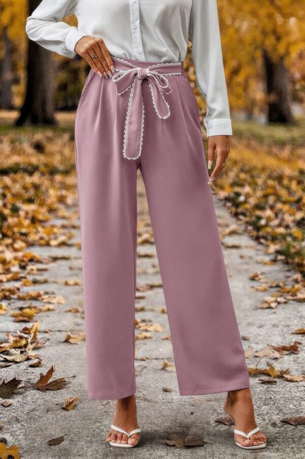 High-Waist Straight-Leg Pants with Lace Tie – Plus Size