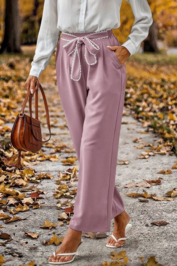 High-Waist Straight-Leg Pants with Lace Tie – Plus Size