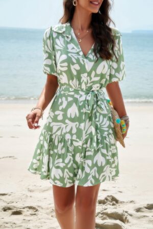 Button-Down Random Print Ruffle Midi Dress
