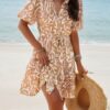 Button-Down Random Print Ruffle Midi Dress