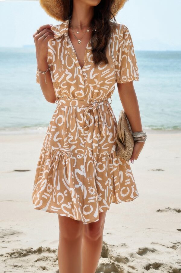 Button-Down Random Print Ruffle Midi Dress