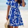 Button-Down Random Print Ruffle Midi Dress