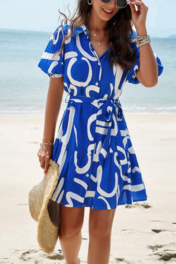 Button-Down Random Print Ruffle Midi Dress