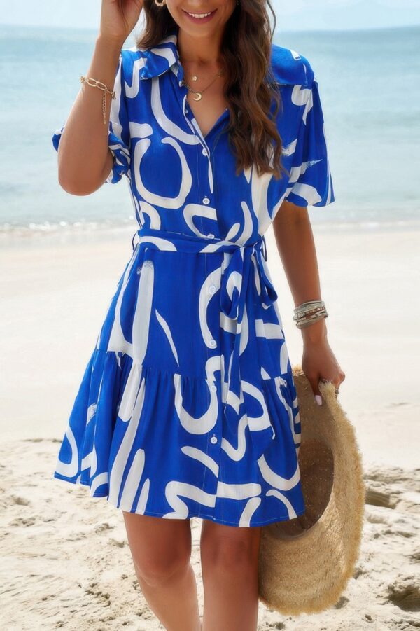 Button-Down Random Print Ruffle Midi Dress