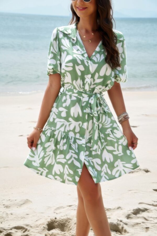 Button-Down Random Print Ruffle Midi Dress