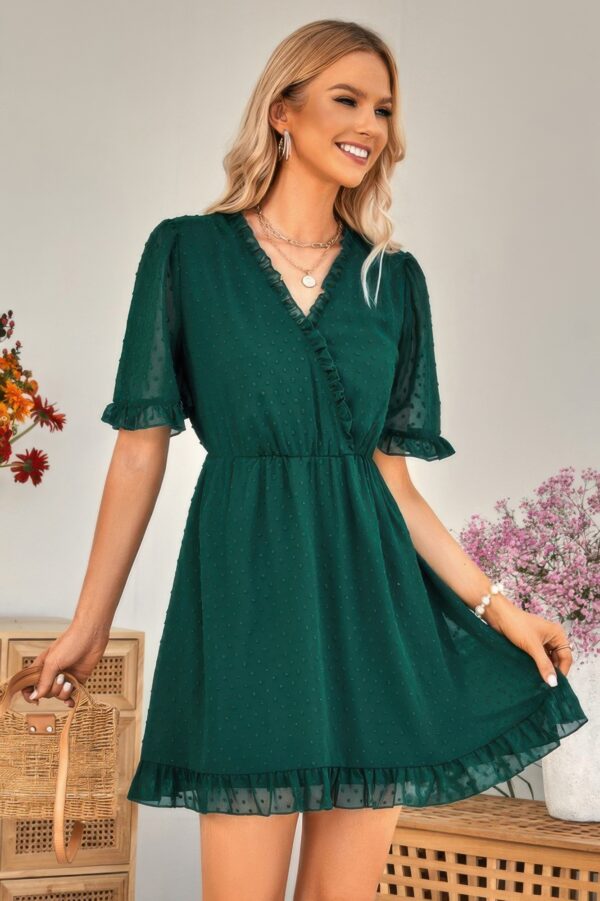 Ruffle-Hem Swiss Dot Short-Sleeve Midi Dress