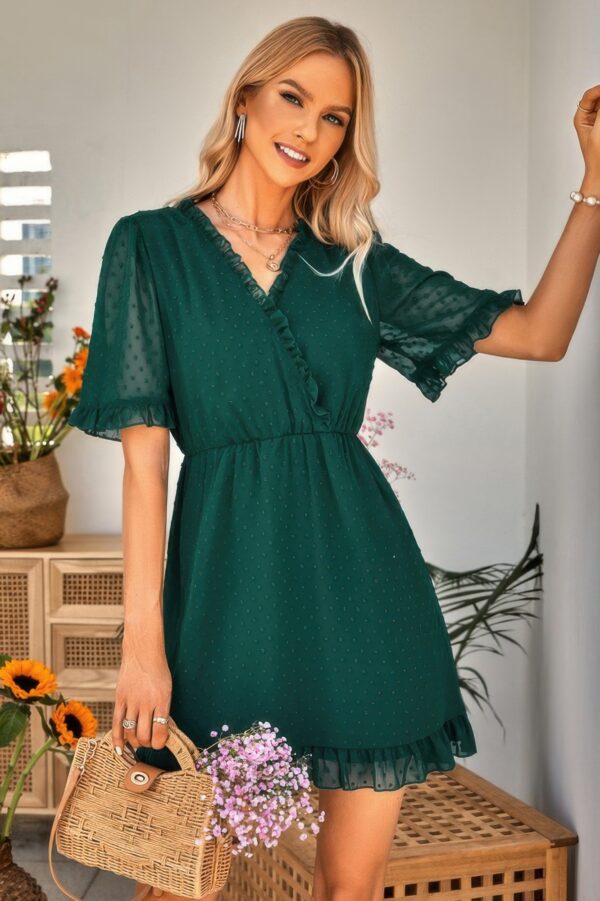 Ruffle-Hem Swiss Dot Short-Sleeve Midi Dress
