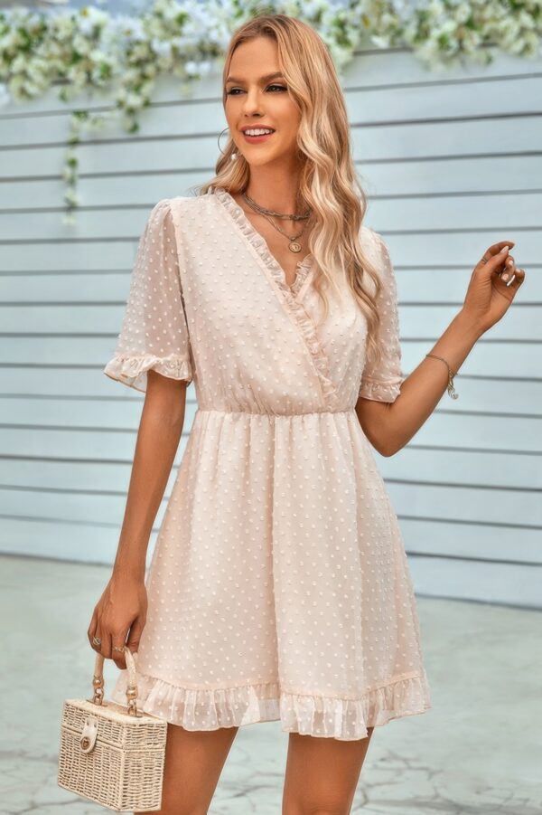 Ruffle-Hem Swiss Dot Short-Sleeve Midi Dress