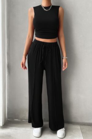 Sleeveless Drawstring Two-Piece Set with Pockets