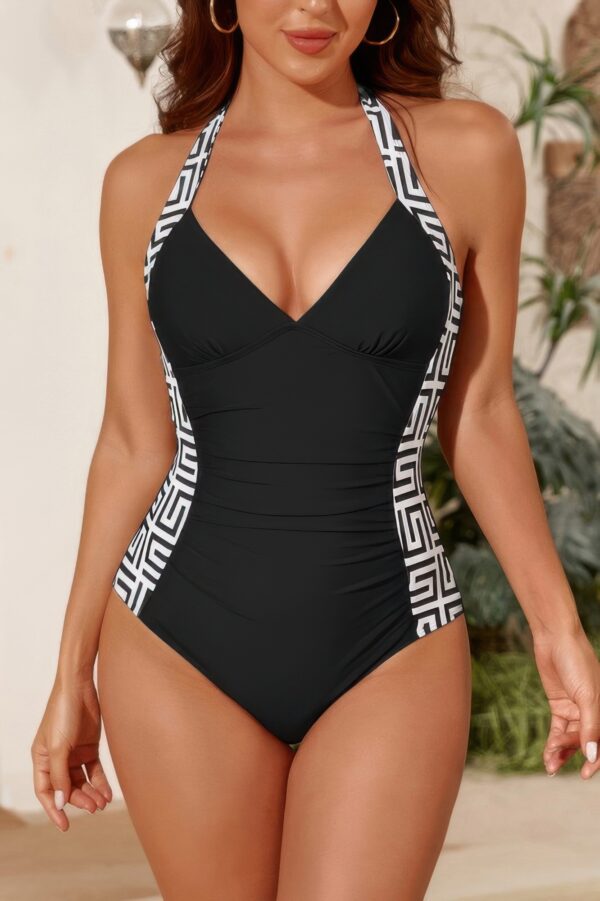 Printed Halter Deep V One-Piece Swimsuit