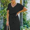 V-Neck A-Line Dress with Waist Tie – Solid