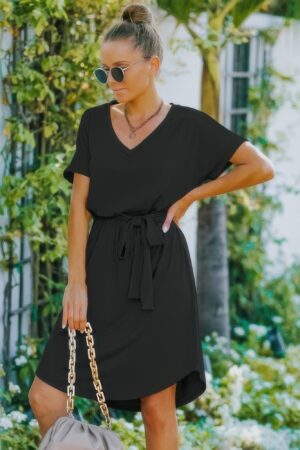 V-Neck A-Line Dress with Waist Tie – Solid