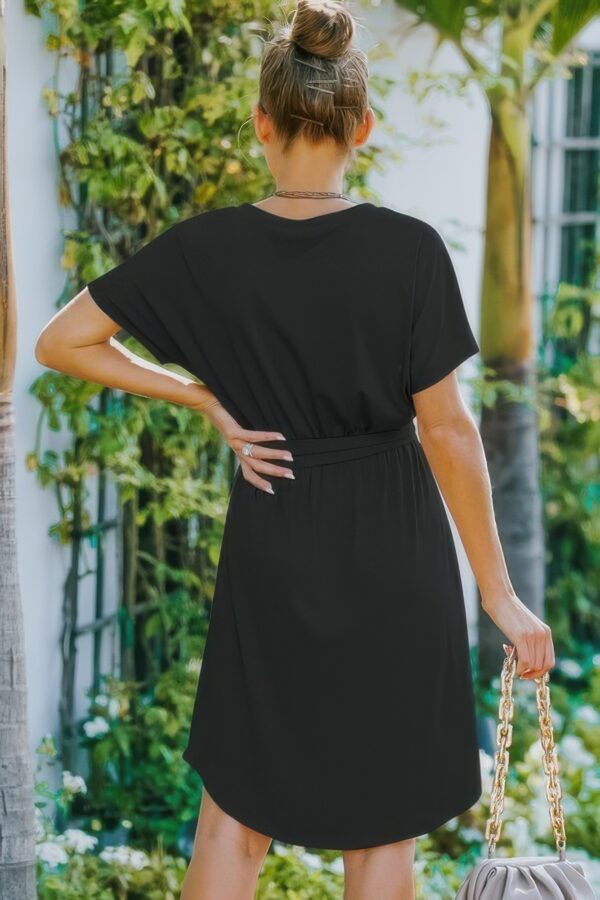 V-Neck A-Line Dress with Waist Tie – Solid
