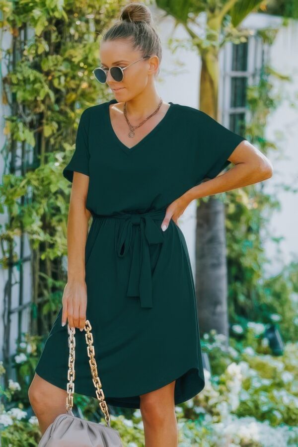 V-Neck A-Line Dress with Waist Tie – Solid