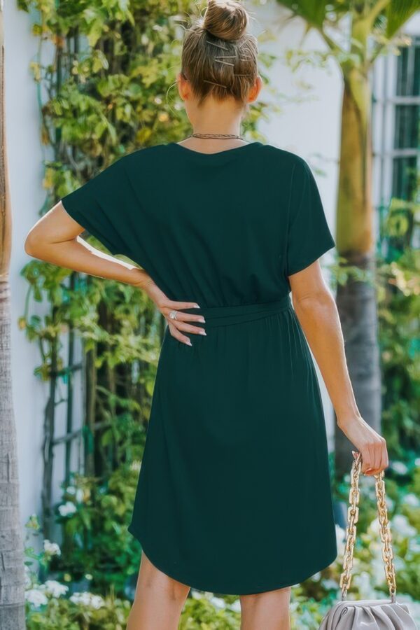 V-Neck A-Line Dress with Waist Tie – Solid