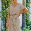V-Neck A-Line Dress with Waist Tie – Solid