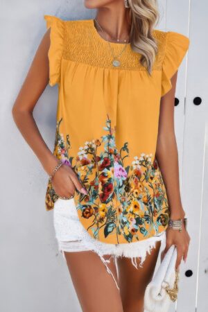 Floral Ruched Round-Neck Loose Fit Top – Feminine Print
