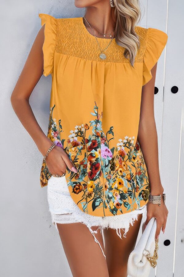 Floral Ruched Round-Neck Loose Fit Top – Feminine Print