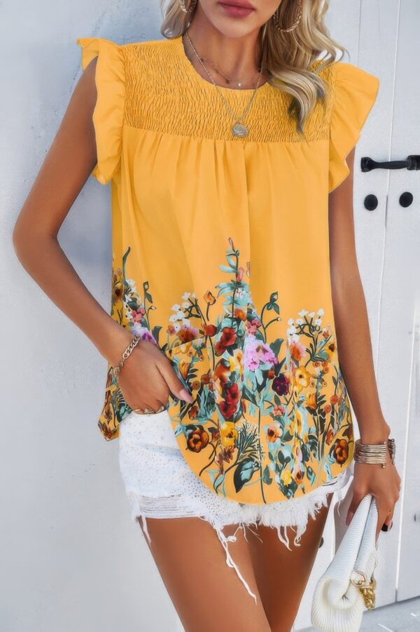 Floral Ruched Round-Neck Loose Fit Top – Feminine Print