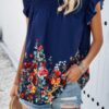 Floral Ruched Round-Neck Loose Fit Top – Feminine Print