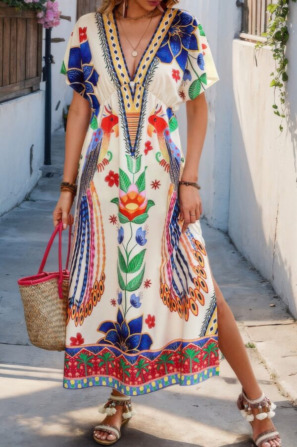 Floral V-Neck Batwing Sleeve Dress – Polyester-Elastane