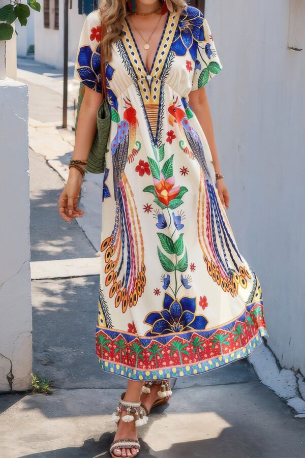 Floral V-Neck Batwing Sleeve Dress – Polyester-Elastane