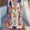 Floral V-Neck Batwing Sleeve Dress – Polyester-Elastane