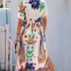 Floral V-Neck Batwing Sleeve Dress – Polyester-Elastane