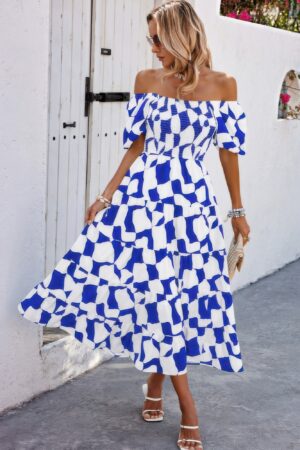 Allover Print Off-Shoulder Ruched Ruffle Dress – Plus Size
