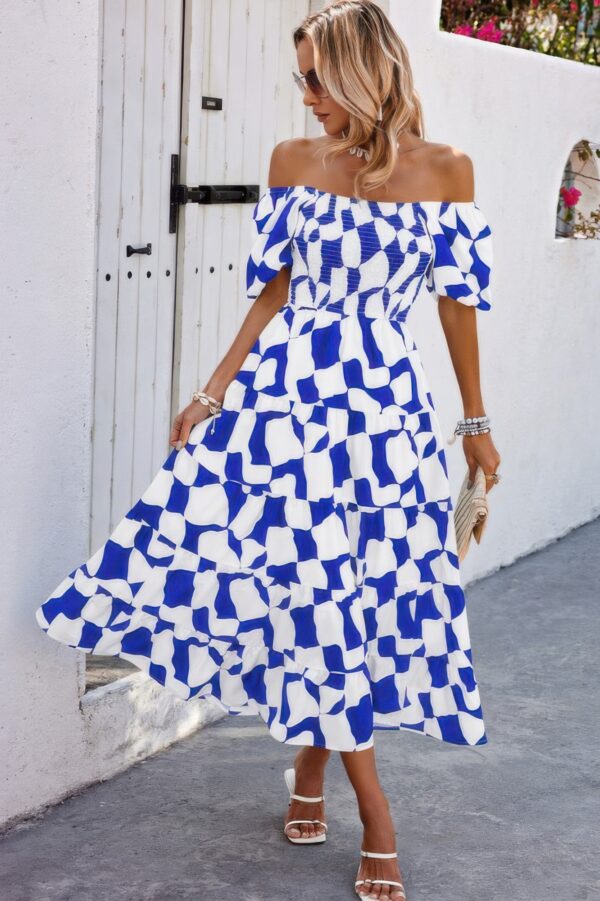 Allover Print Off-Shoulder Ruched Ruffle Dress – Plus Size