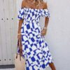 Allover Print Off-Shoulder Ruched Ruffle Dress – Plus Size