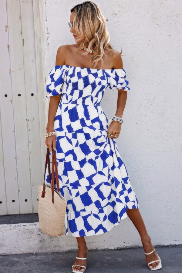 Allover Print Off-Shoulder Ruched Ruffle Dress – Plus Size