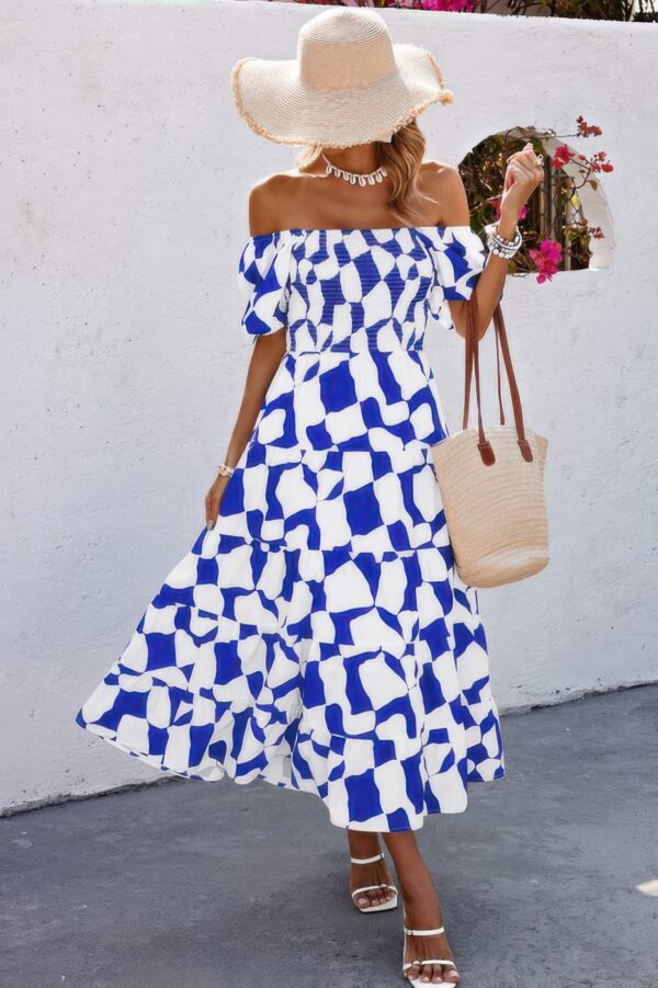 Allover Print Off-Shoulder Ruched Ruffle Dress – Plus Size