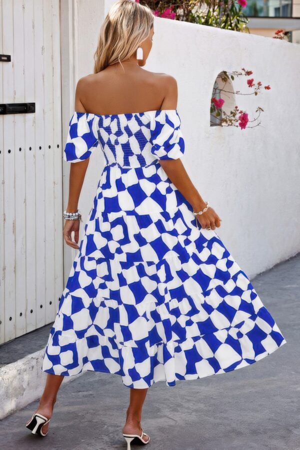 Allover Print Off-Shoulder Ruched Ruffle Dress – Plus Size