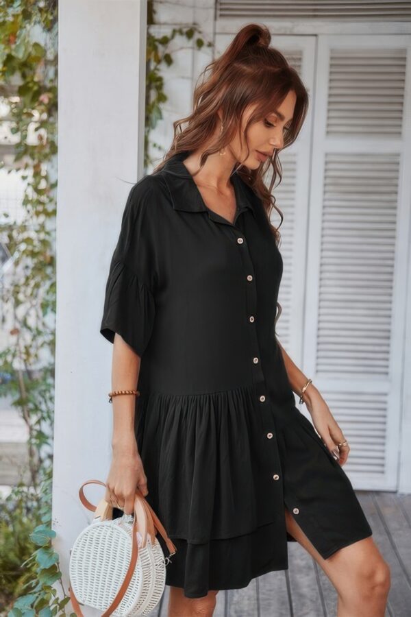 V Neck Tunic Dress with Ruffled Hem – Solid Color