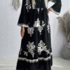 V-Neck Dress with Stand Collar and Button Floral Splice