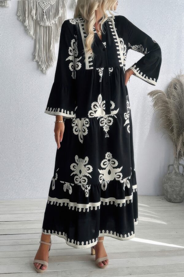 V-Neck Dress with Stand Collar and Button Floral Splice
