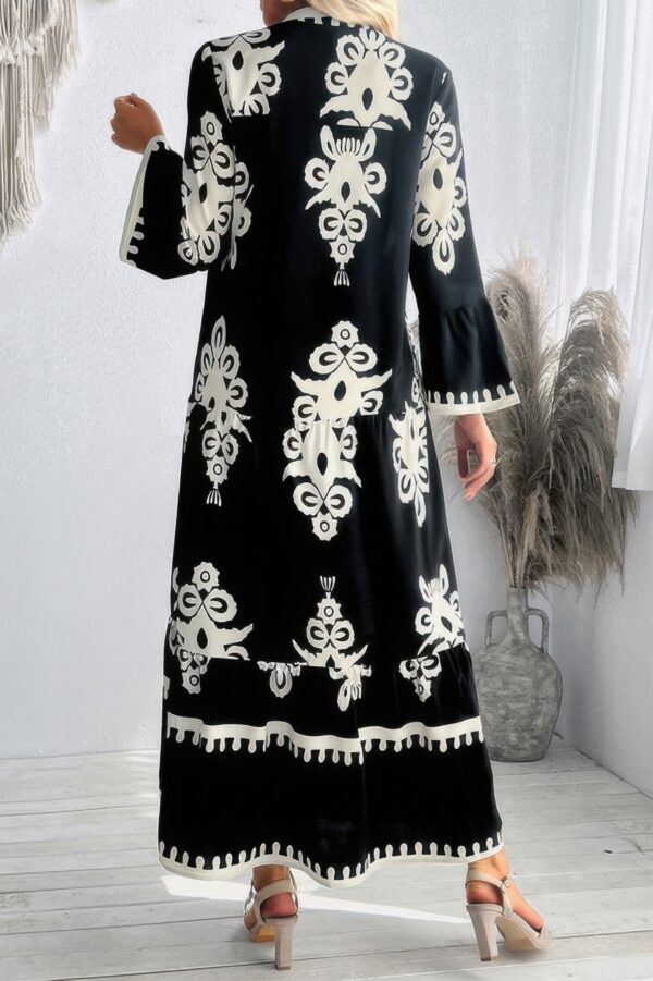 V-Neck Dress with Stand Collar and Button Floral Splice