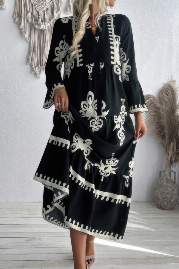 V-Neck Dress with Stand Collar and Button Floral Splice