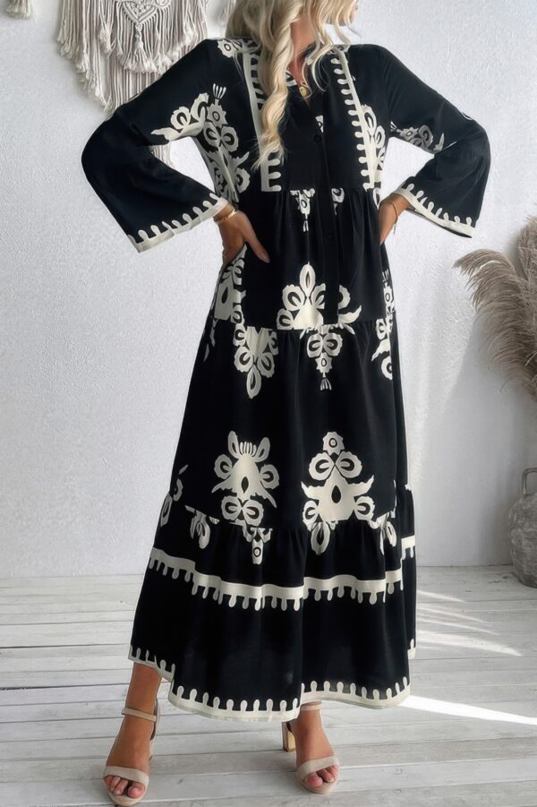 V-Neck Dress with Stand Collar and Button Floral Splice