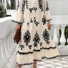 V-Neck Dress with Stand Collar and Button Floral Splice