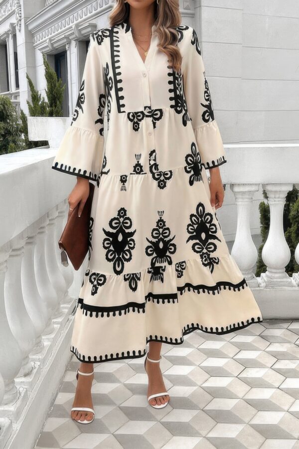 V-Neck Dress with Stand Collar and Button Floral Splice