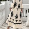 V-Neck Dress with Stand Collar and Button Floral Splice
