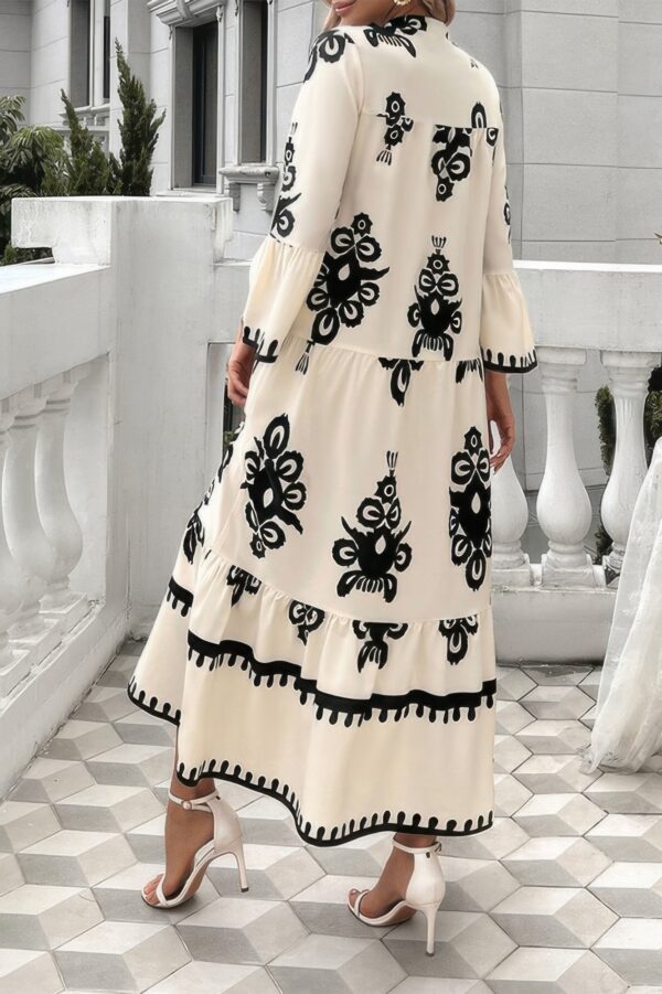 V-Neck Dress with Stand Collar and Button Floral Splice