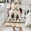 V-Neck Dress with Stand Collar and Button Floral Splice