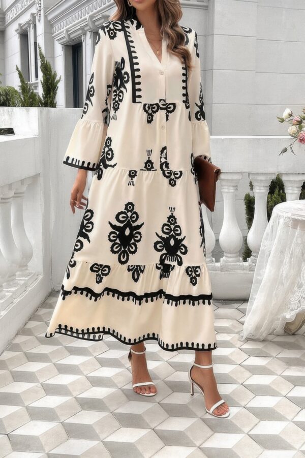 V-Neck Dress with Stand Collar and Button Floral Splice