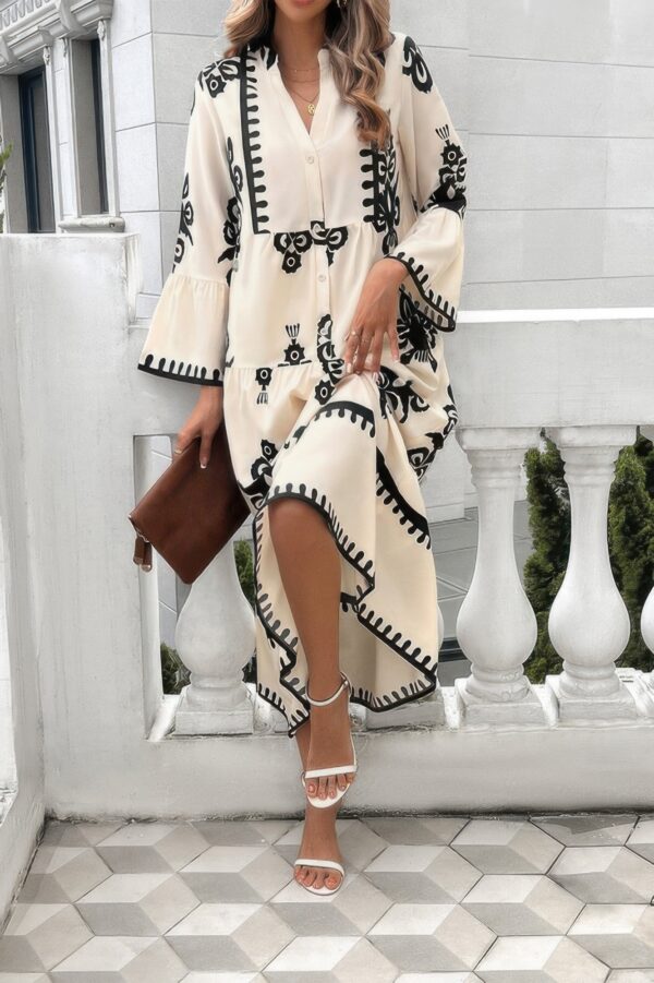 V-Neck Dress with Stand Collar and Button Floral Splice