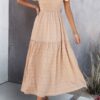 Shirred Crew-Neck Dress with Ruffle Sleeves and Hem