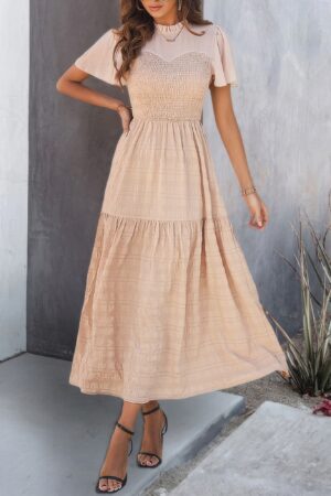 Shirred Crew-Neck Dress with Ruffle Sleeves and Hem